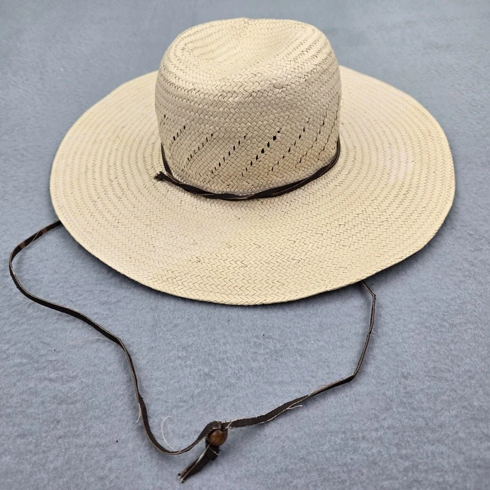 Unisex Sun Hat OS Beige Straw Braided Wide Brim Beach Leather Chin Cord Cap
